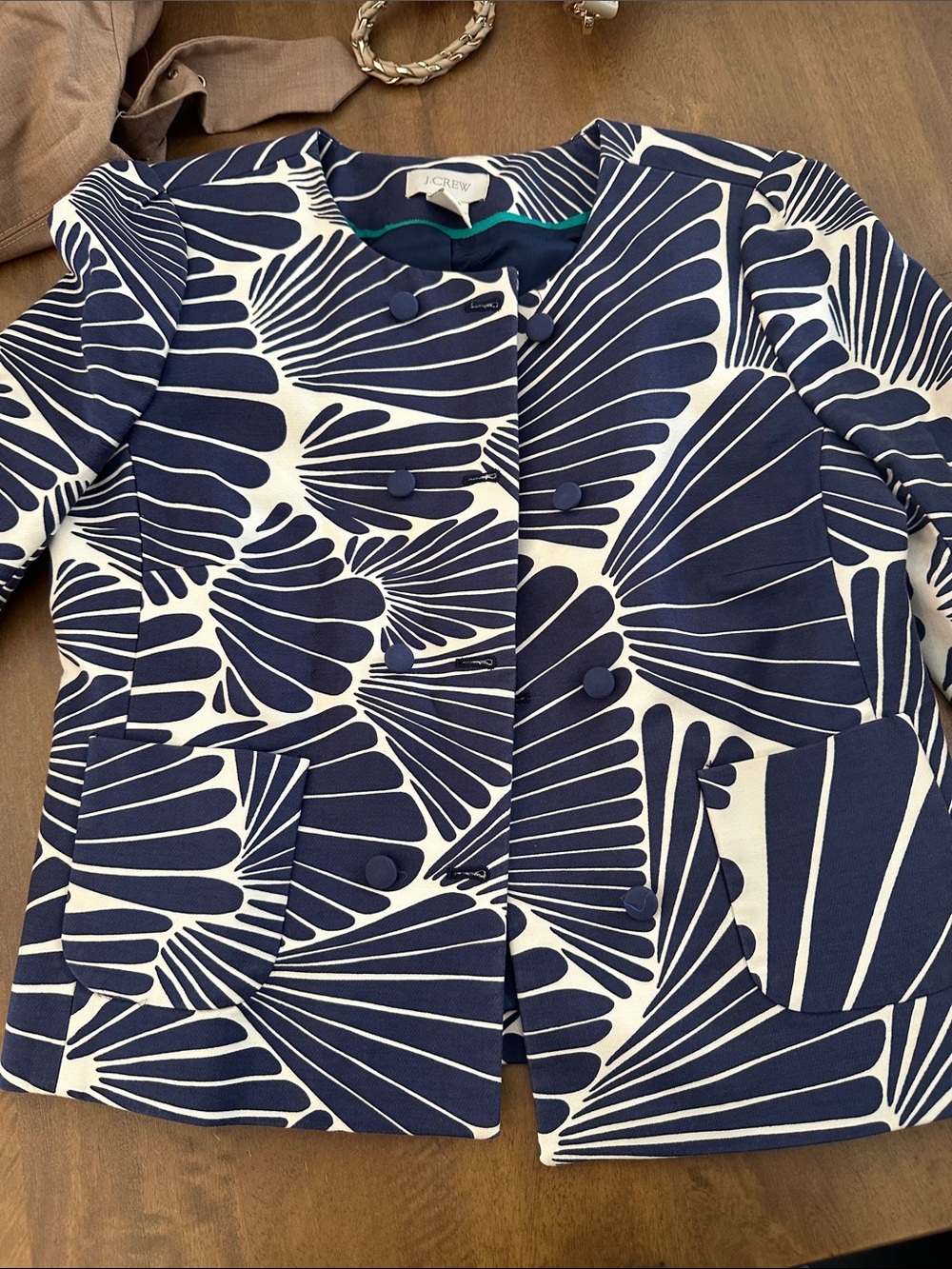 J. Crew Navy and White Graphic Print Cropped Blazer